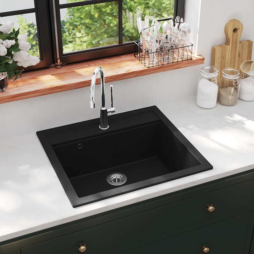 Fregadero de granito individual negro 80% cuarzo 20% resina, 565 x 510 x 306 mm, con cesta colador, resistente al calor hasta 280 °C, resistente a los arañazos, resistente a los golpes