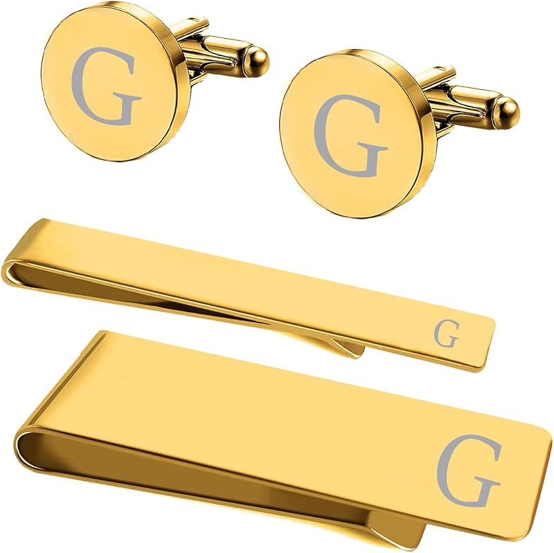 Gemelos de 4 piezas, barra de corbata, clip para dinero, letra del alfabeto con grabado inicial de la A a la Z, juego de joyas de acero pulido con espejo, gemelos para hombre, traje de camisa, caja de regalo para el día del padre, boda y novio