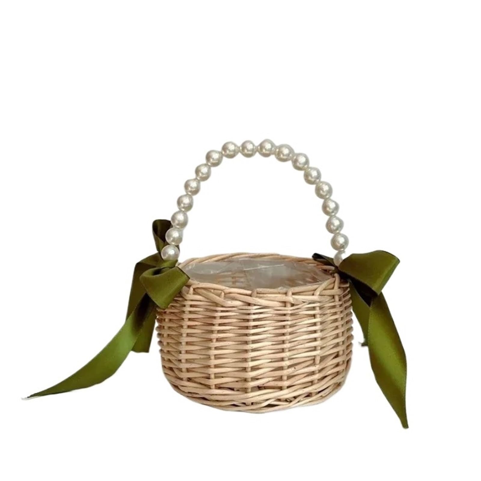 Hamper Basket Wicker Rattan Flower Basket Woven Storage Basket With Pearl Handle And Bow Girl Hand Basket