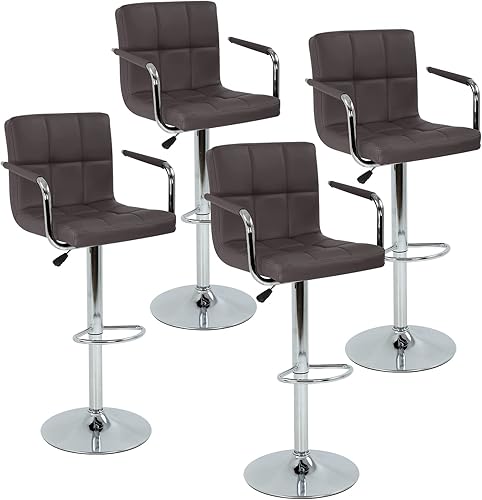 Miniatura 5 de Juego de 2 taburetes de bar con reposabrazos, taburetes de bar giratorios de altura ajustable con respaldo de piel sintética, silla de comedor alta