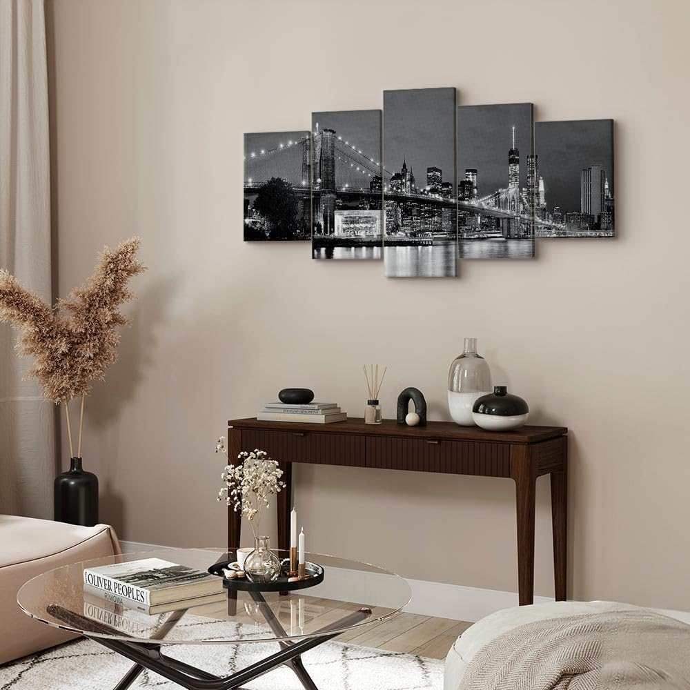 B&D XXL - Quadro New York 225x112 cm 5 Pezzi - Stampa su Tela Canvas con Struttura - Quadri Componibili Moderni Soggiorno Grandi - Murale Arte Decorazioni da Parete Decori - Città 030202-12
