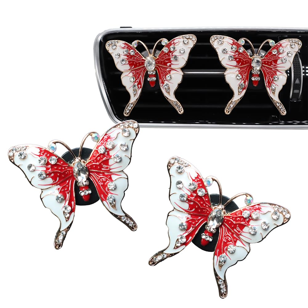 ORIESSE Clips de ventilación para ambientador de coche de mariposa, 2 piezas de bonitas mariposas rojas con aromas de vainilla, accesorios de coche brillantes para mujeres y niñas, ambientador de