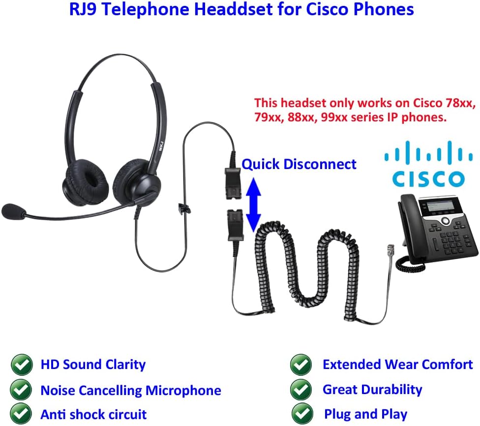MKJ Headset Compatible with Cisco Phones Dual Ear Landline Headset with Noise Cancelling Microphone for Cisco Telephone CP-7821 7841 7942G 7941G 7945G 79607961G 7962G 7965G 7971G 7975G 8841 8865 9971 : Electronics