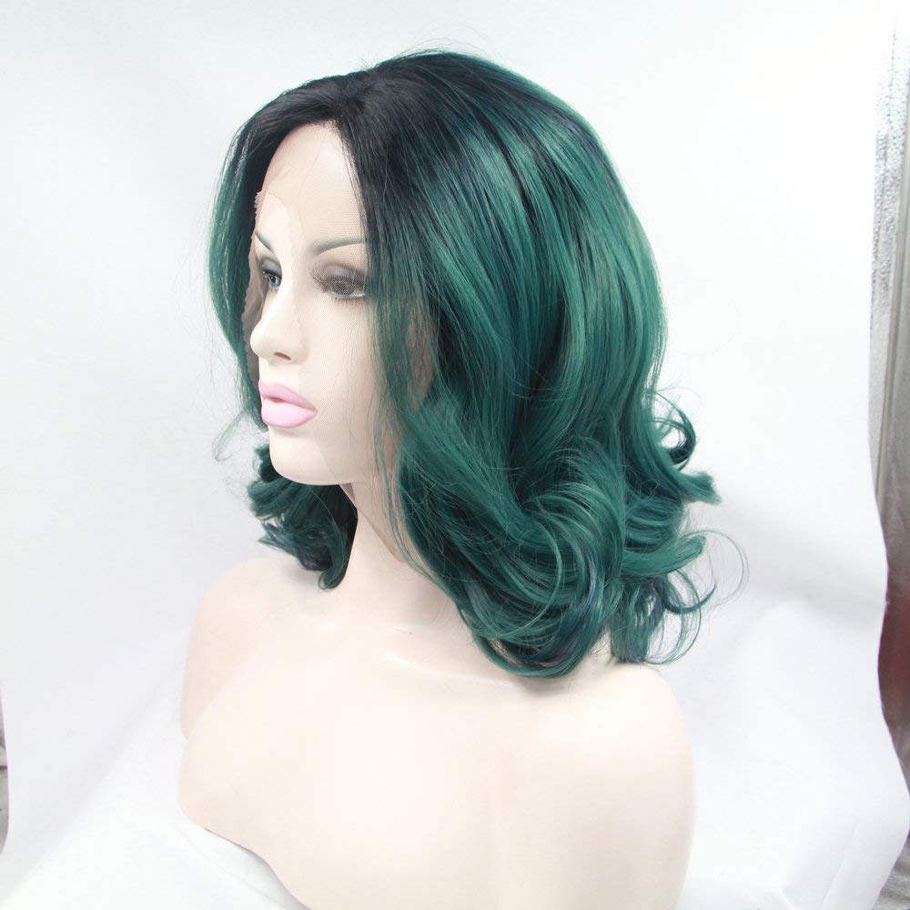 Pine Green Synthetic Mermaid Bob Wigs Dark Roots Ombre Teal Green Summer Cool Synthetic Lace Front Wigs for Women Neck Length