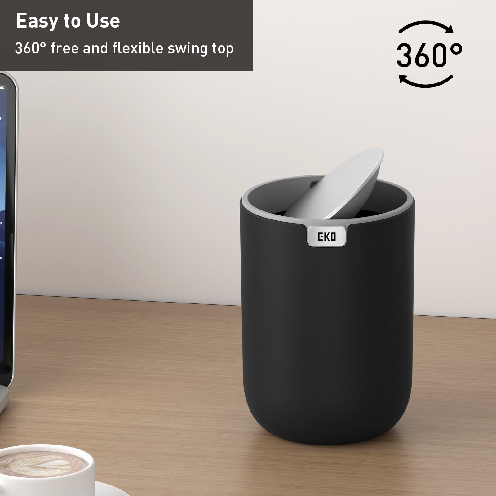 EKO Fandy Table Bin, 1.5L Mini Desk Rubbish Bin with Swing-Top Lid, 1.5 Litre Small Table Round Wastebasket for Office Home - Image 4