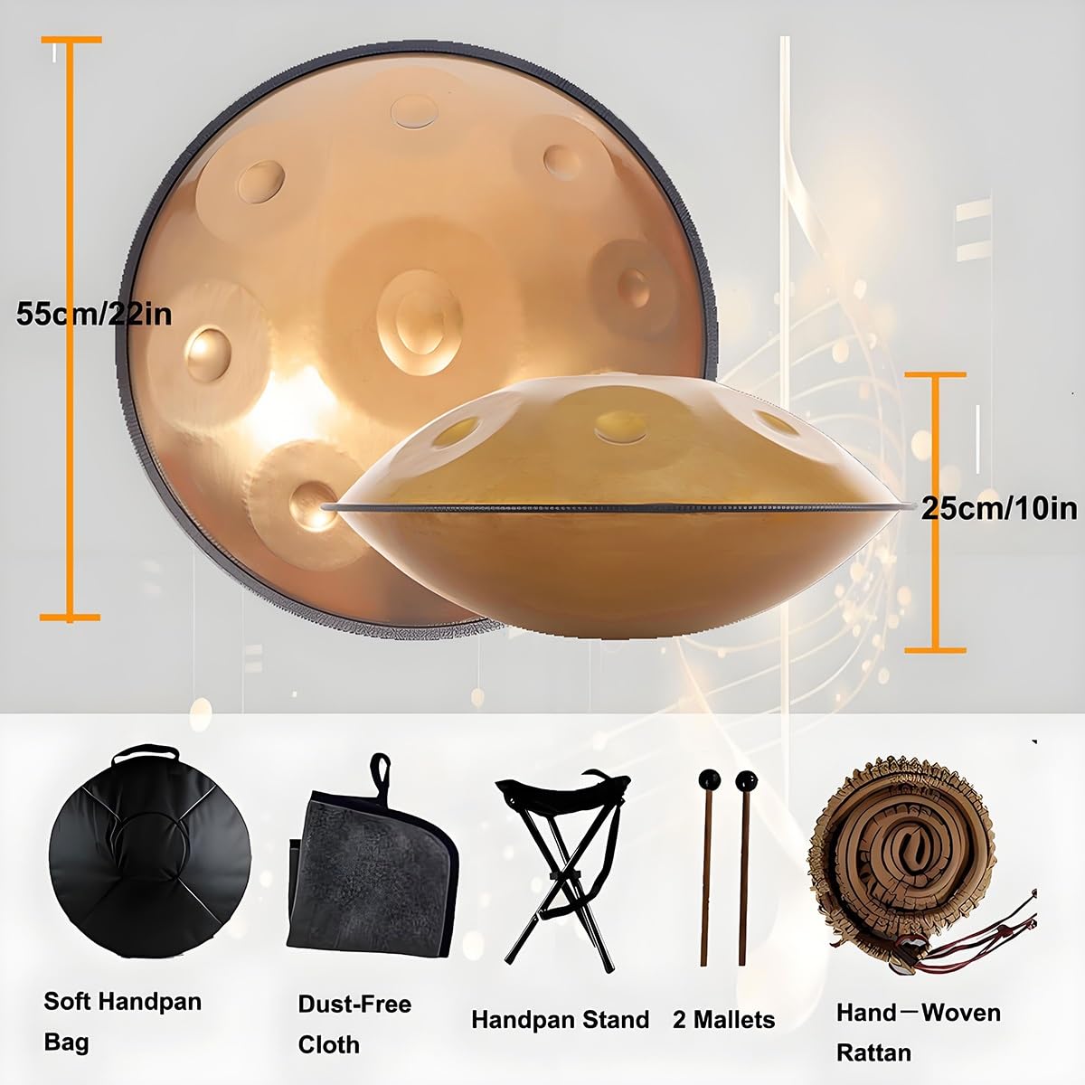 Tambour handpan 440Hz, 9/10/12 Notes Instrument De Percussion De 55cm, Tambour à main avec Trépied 2 maillets, Handpan en Acier pour La Méditation, Le Yoga(Dark purple,10 Notes)
