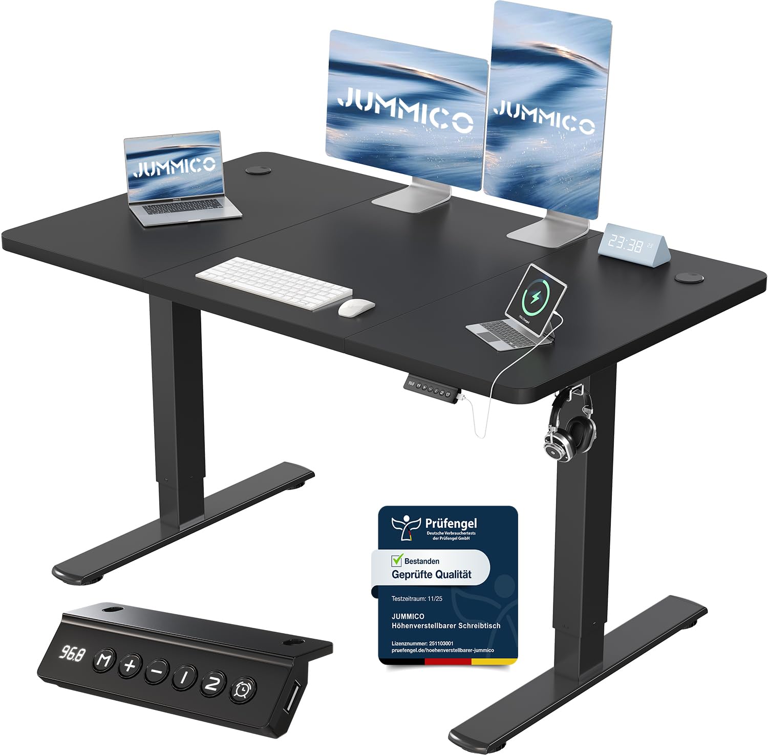 JUMMICO Höhenverstellbarer Schreibtisch mit USB-Ladeanschluss 120 x 60 cm, Schreibtisch Höhenverstellbar Elektrisch, Steh-Sitz Tisch Stehpult Verstellbarer Computertisch,Standing Desk,Schwarz