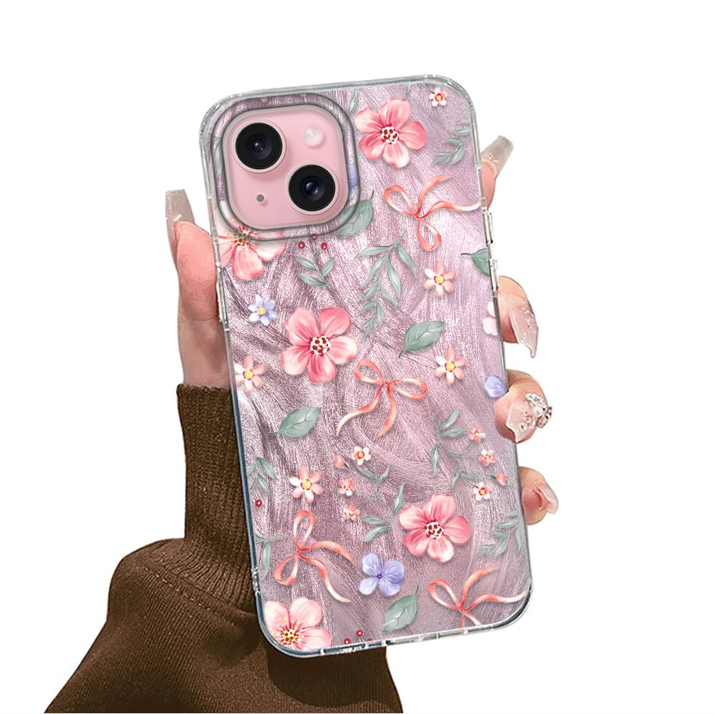Tedyhulle Hülle füriPhone 13 / iPhone 14 Handyhülle mit Nette Rosa Botanische Blume Aesthetic Muster, Dünne Schutzhülle Stoßfest Kratzfest Weich TPU Bumper Hard Handytasche Case für Frauen Mädchen