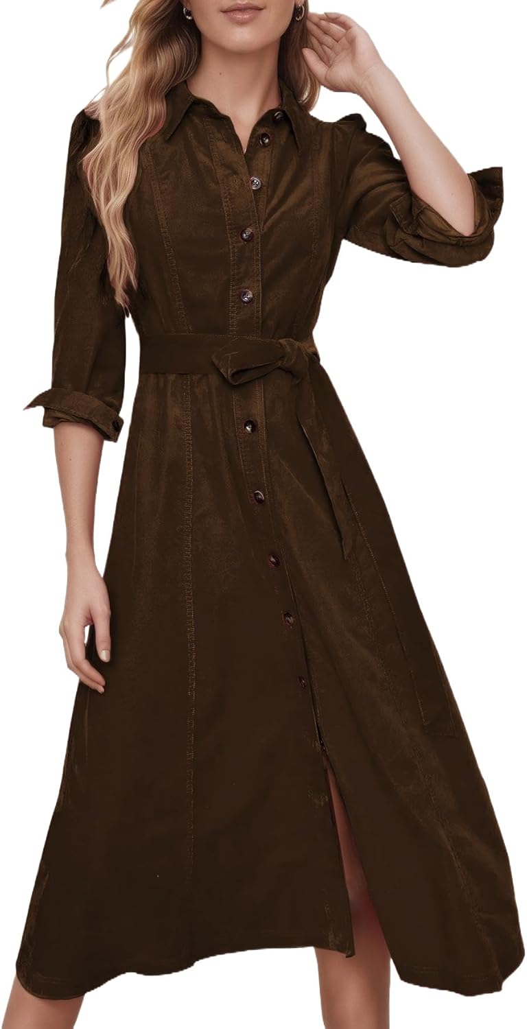 Women's Corduroy Maxi Dress Long Sleeve Cord Button Down Fall Shirt Long Dress with Belt