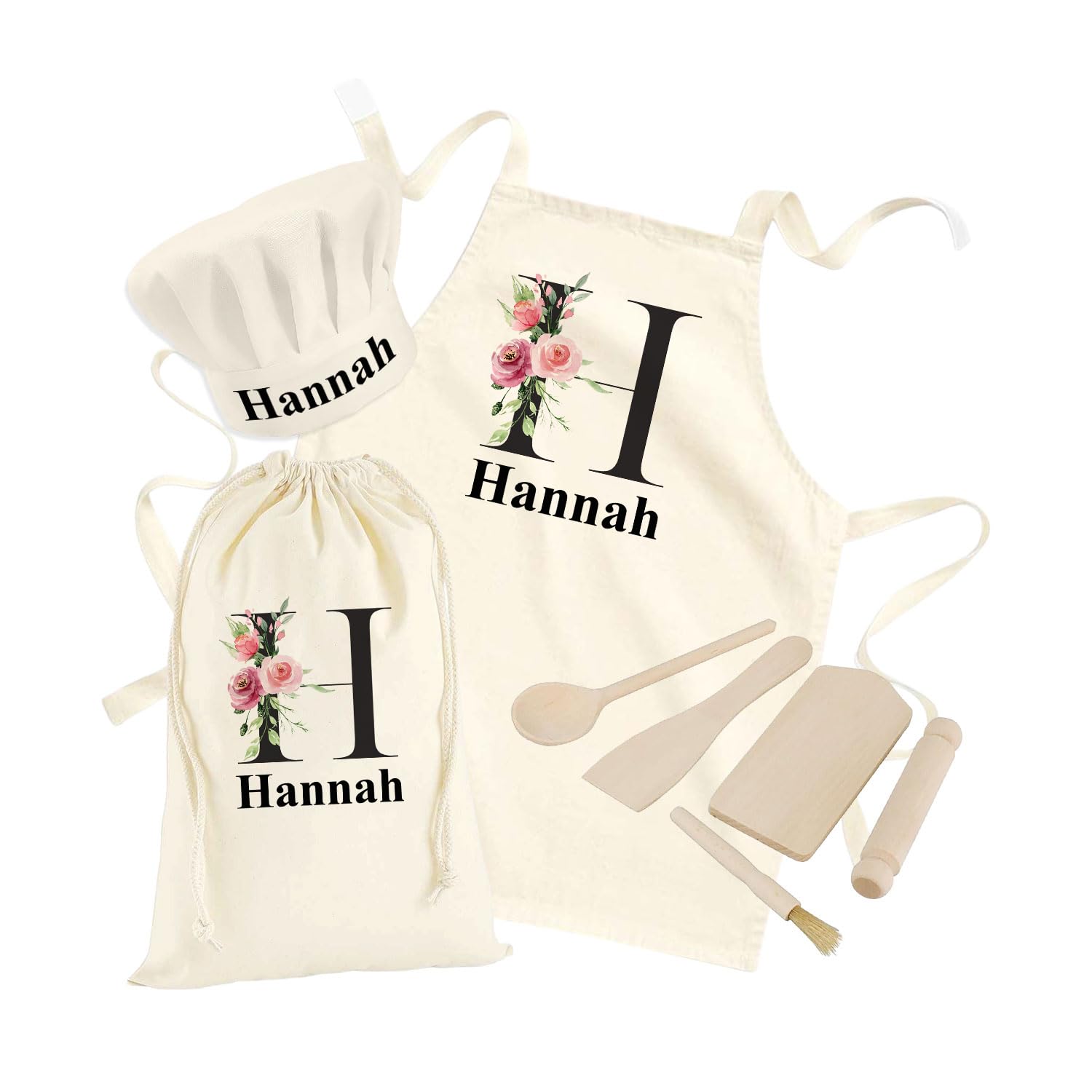 Hoolaroo Personalised Kids Aprons Age 6-12 For Cooking Childrens Baking Gifts Personalised Apron Kids Cooking Utensils Set Wooden - Black Letter Design