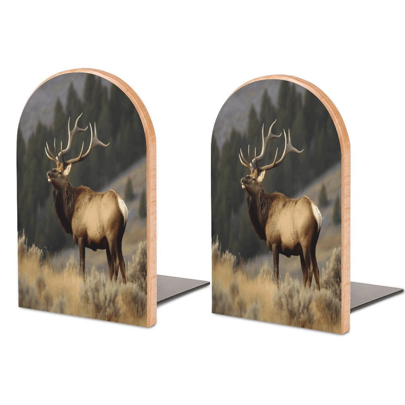 Bull Elk Bookends for Shelves Non Skid Book Stoppers Universal Economy Bookend Heavy Duty Wood Book End Decorative Book Shelf Holder for Home Office Desk 1 Pair