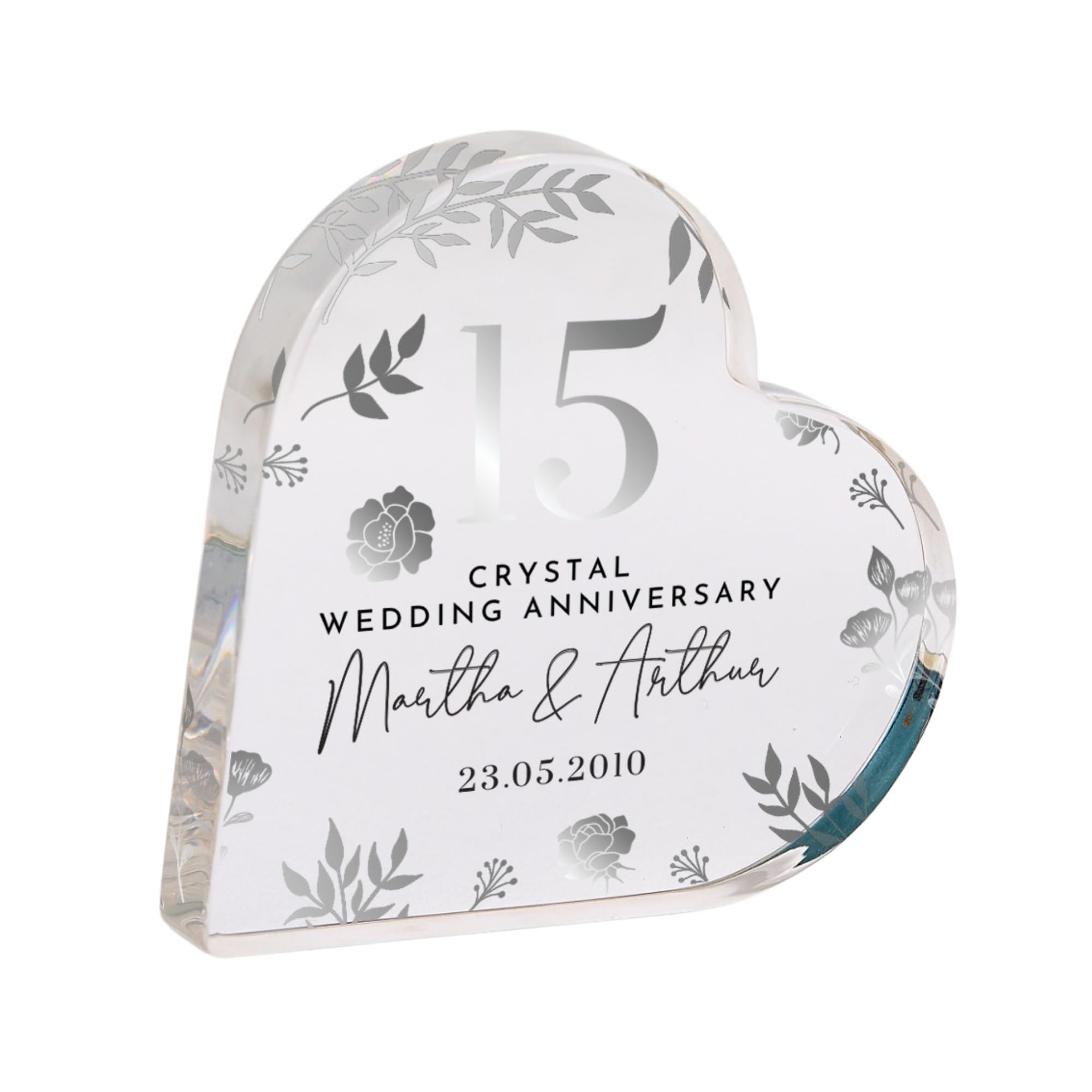 Pomchick - Personalised 15th Crystal Anniversary Present Heart-Shaped Acrylic Plaque Custom Keepsake with Names Date Mum Dad Gift
