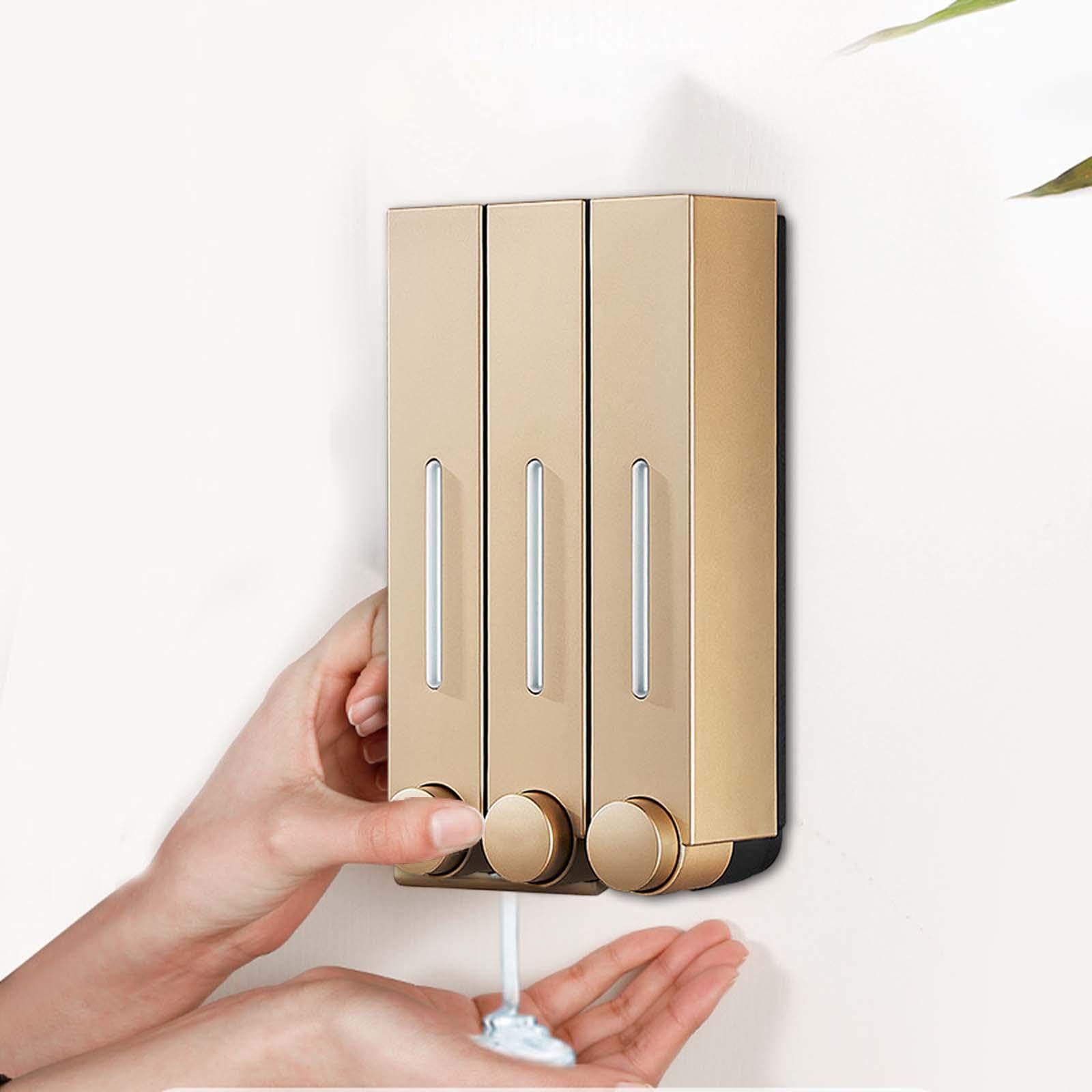 Gralara Dispensador de Jabón Líquido para Montaje en Pared, Dispensador de Champú con Control Manual, Ahorro de Espacio, Duradero, Elegante, Dorado para Ducha, Tres Cabezas, Individual