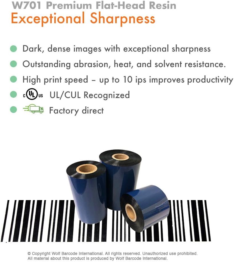 6 Rolls Wolfbarco 4.33" x 1345' (110mm x 410m) Premium Resin Thermal Transfer Ribbon for Label & Barcode for SATO printers, Core size 1", CSI (Coated Side In)