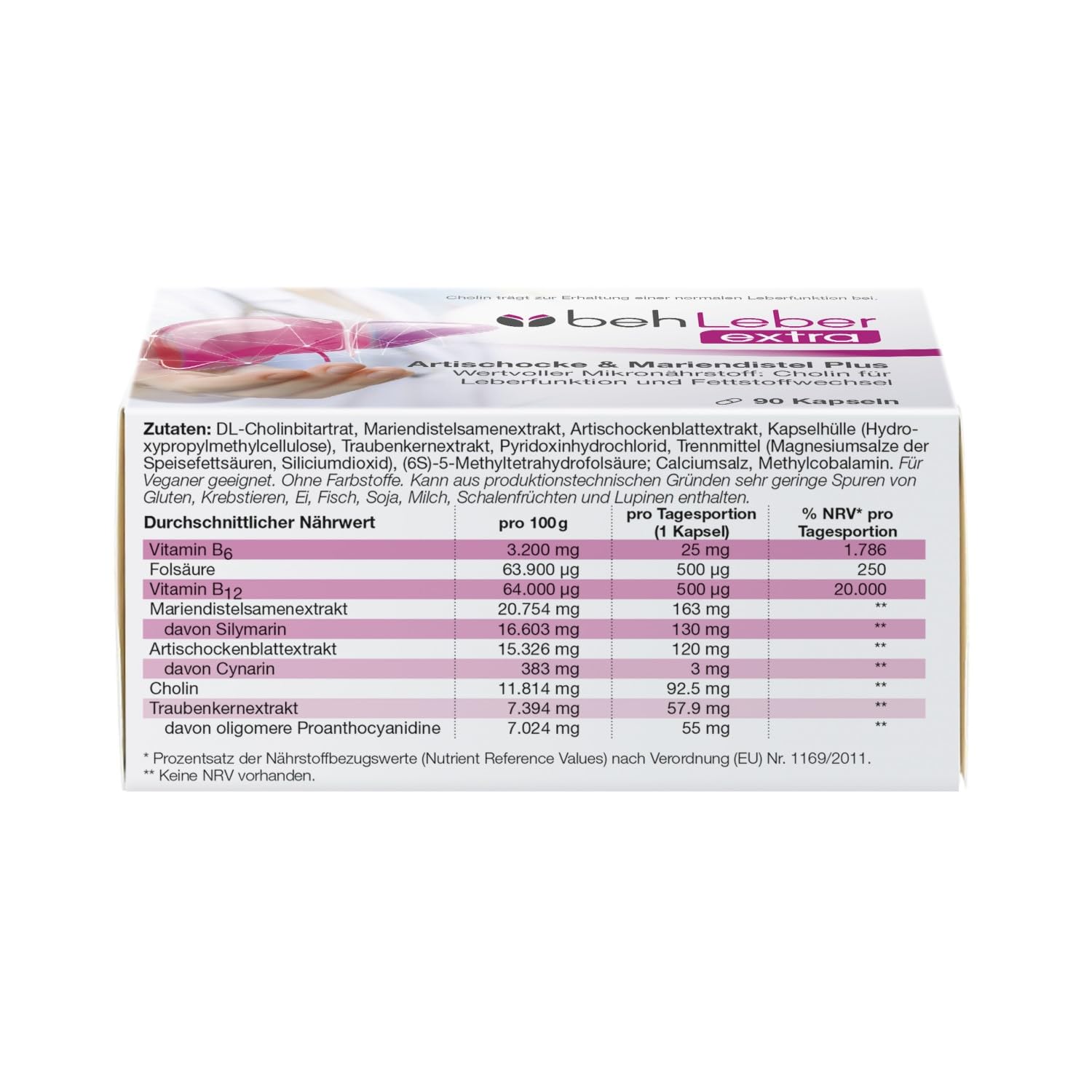 beh Leber extra Mariendistelkapseln, 90 Kapseln | Cholin hochdosiert, Traubenkernextrakt (OPC), Artischockenextrakt