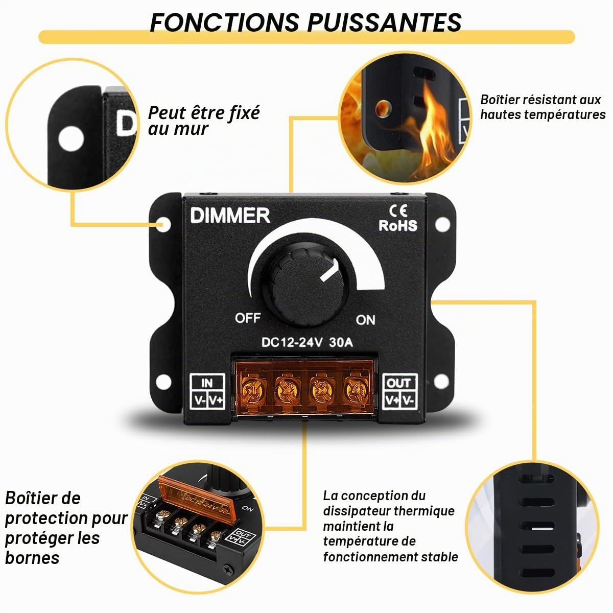 Commutateur variateur LED PWM 12 V-24 V CC 30 A, commutateur Marche/arrêt avec Gradation à fréquence réglable pour Bande LED Monochrome, boîtier en Fer galvanisé