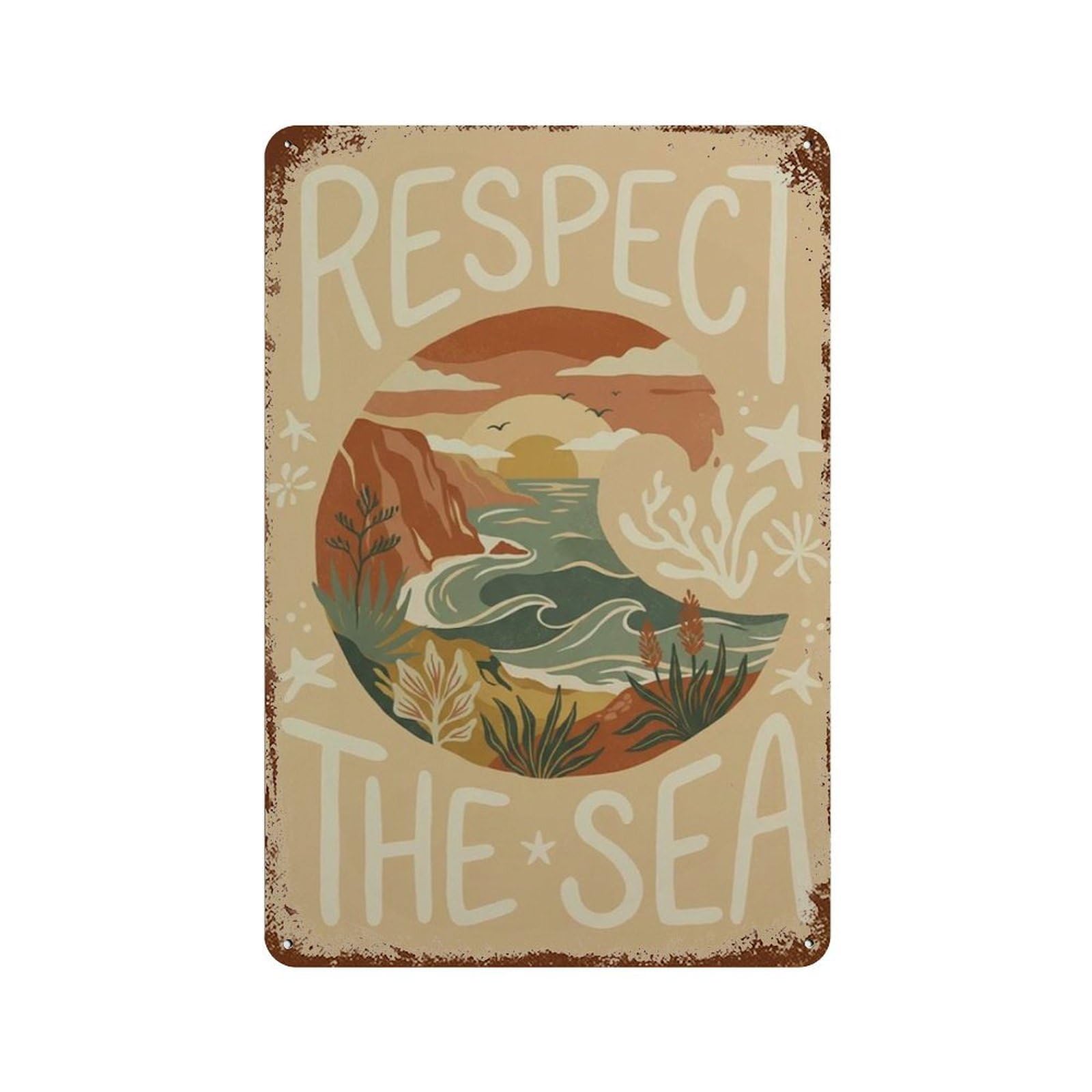 xiaoxiaoshen Respect The Sea Coastal Landscape Nautical Beach Wall Decor Art Metal Tin Poster Modern Home Decor Art Home Bar Shop Decorations Vintage Sign 30x20cm