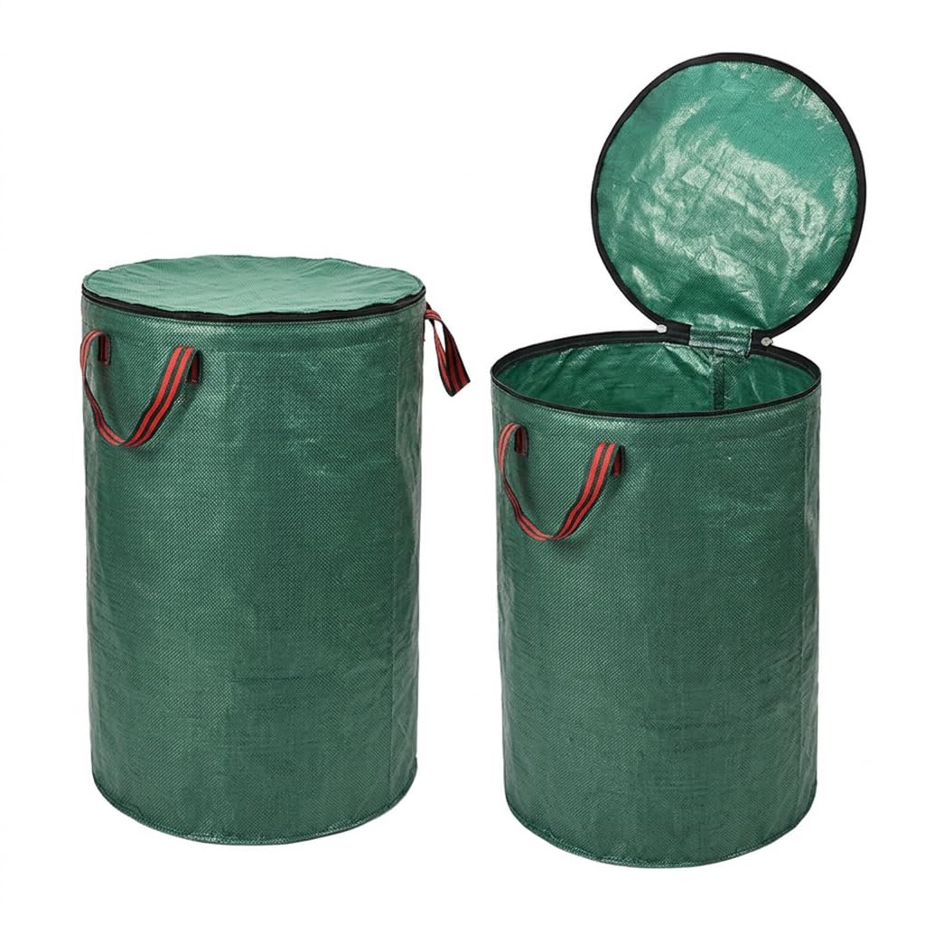 Sacco per rifiuti da giardino, 120 l, con coperchio, set da 2 pezzi, impermeabile, in tessuto PP, pieghevole e riutilizzabile, con manici e passanti per terreno, ideale per erba, foglie, taglio verde