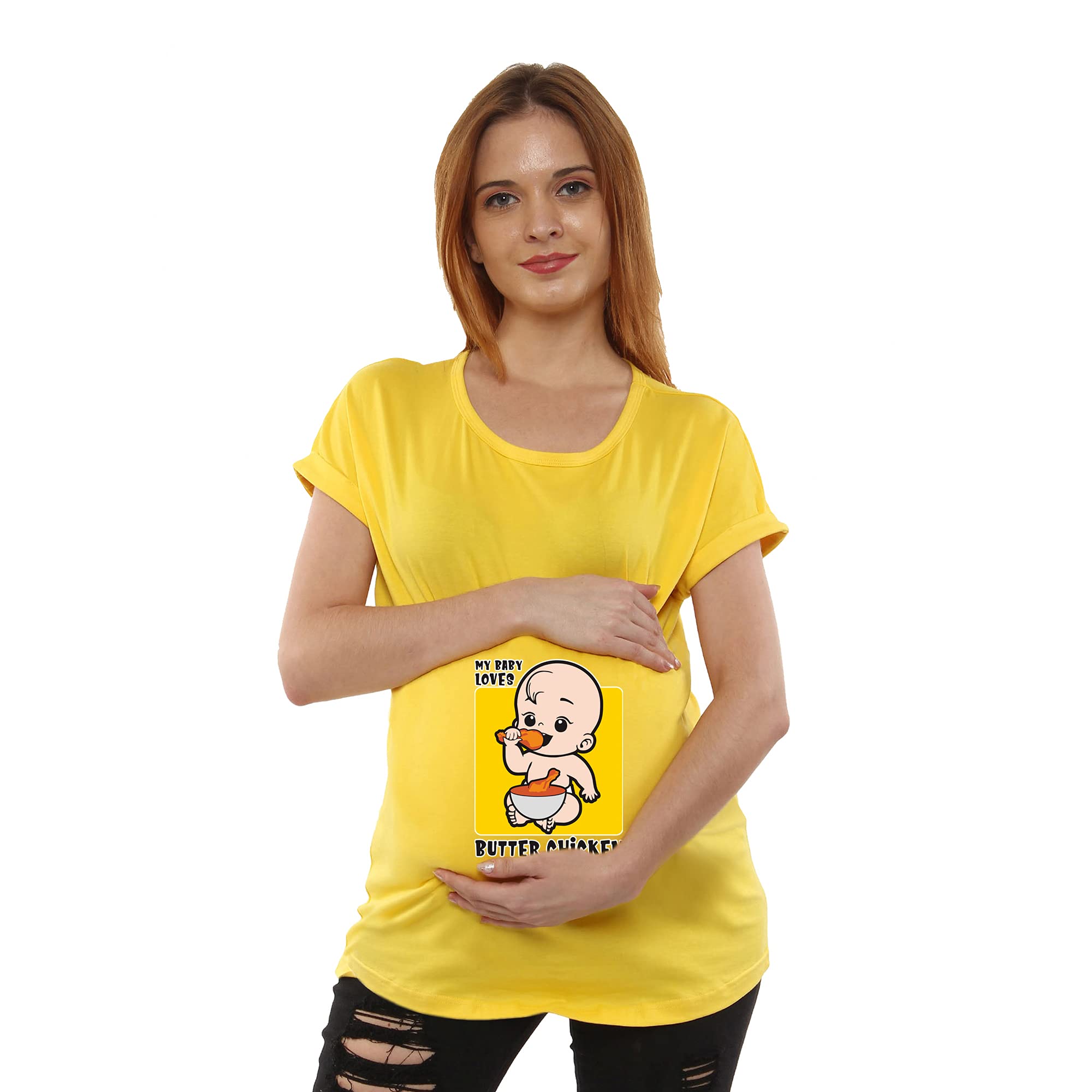 Sillyboom My Baby Loves Butter Chicken Graphic Print Women's Pregnancy Maternity T-Shirt, Nursing Top Tee Round Neck Half Sleeves T-Shirt for Pregnant Women