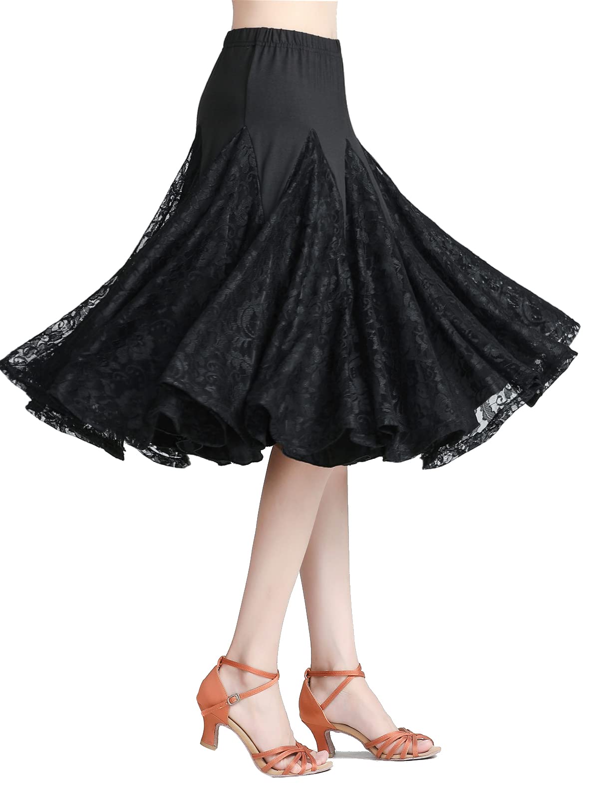 Z&X Women's Ballroom Dancing 360 Degree Long Swing Latin Salsa Rumba Flamenco Dance Skirts for Practice, D- Black, One Size