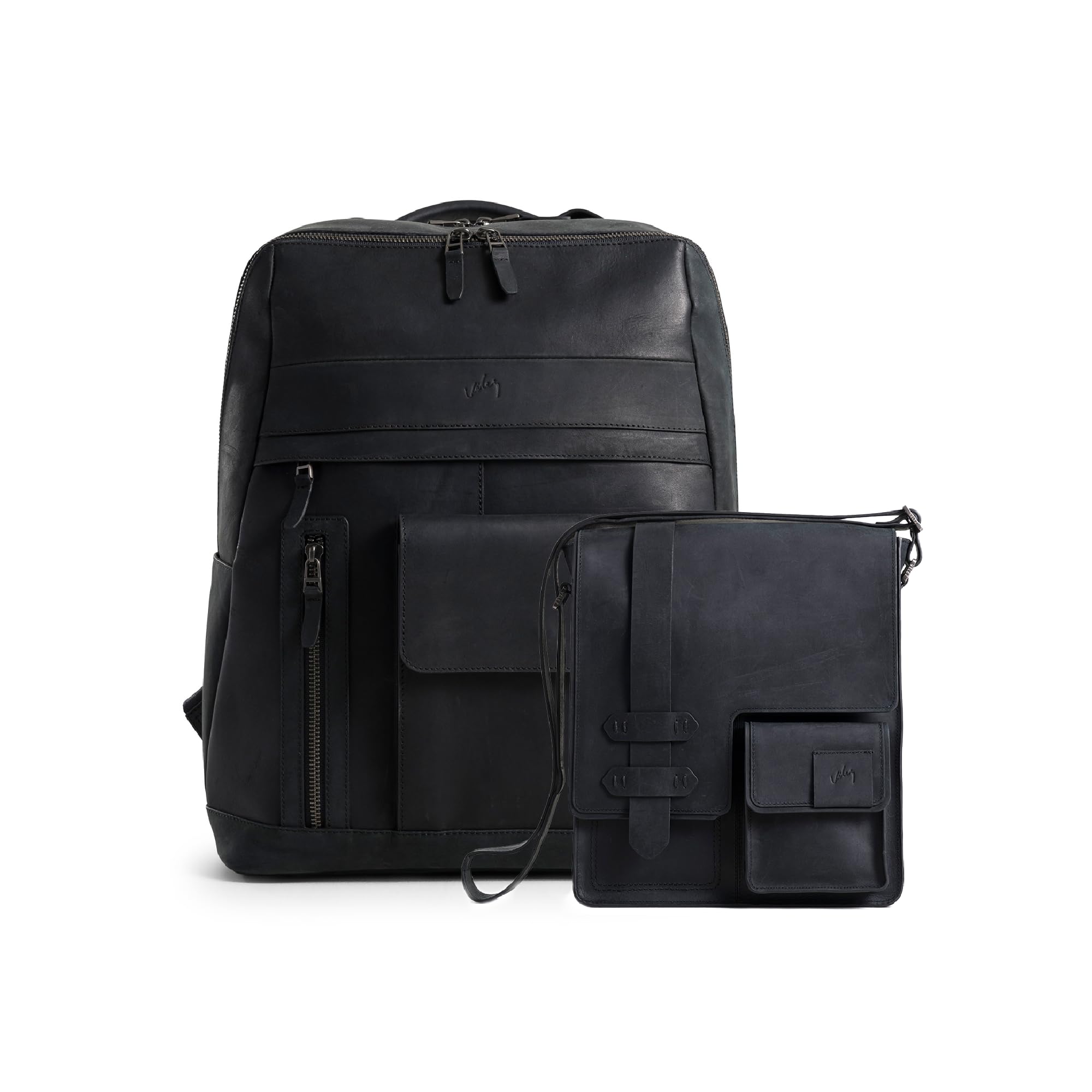 VELEZBlack Top Grain Leather Backpack + Small Messenger Bag For Men
