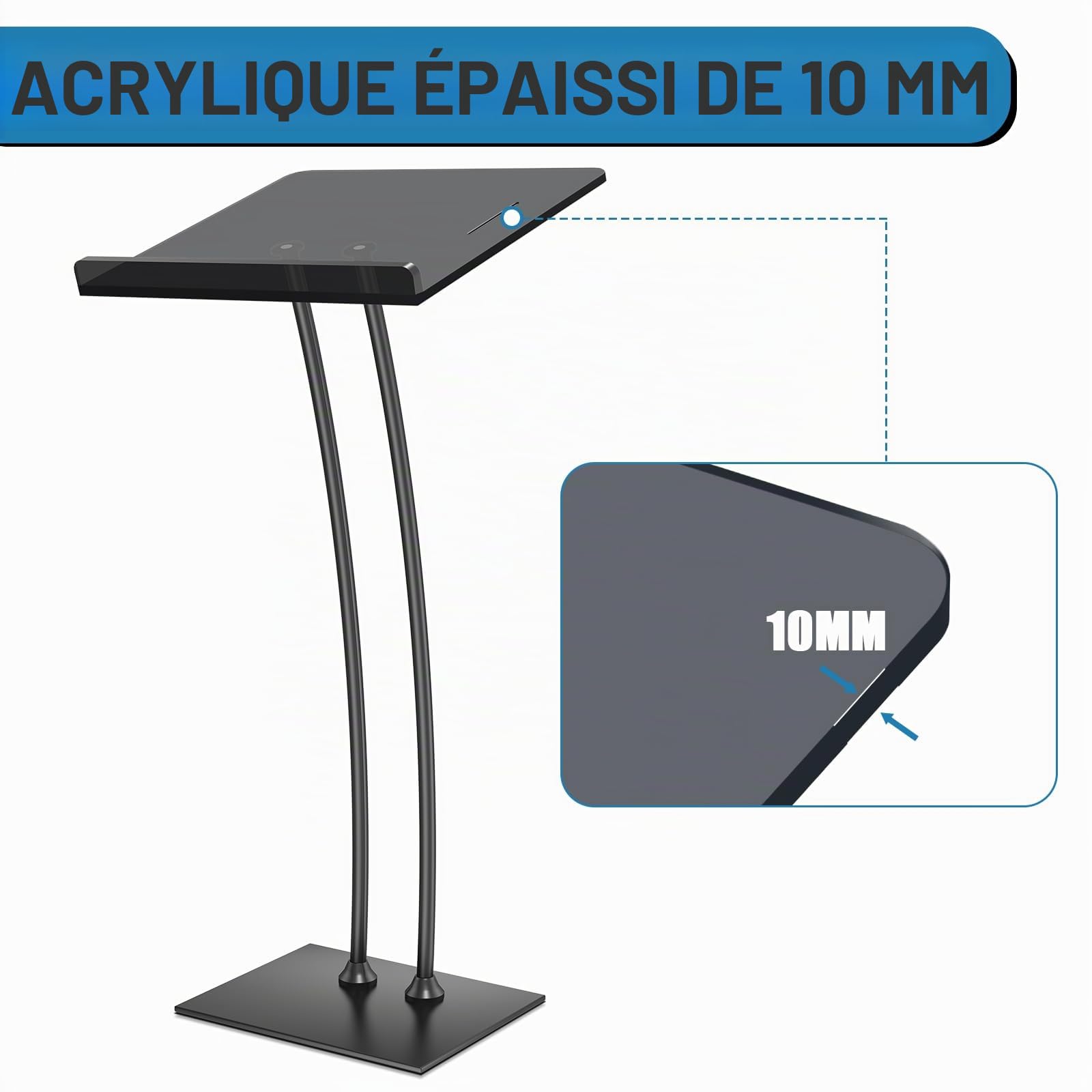 Afitdon Podium en acrylique avec fond stable et fente pour stylo, noir avec plate-forme de lecture en acrylique épais de 10 mm d'épaisseur, support de podium pour église, conférence, mariage, salle de