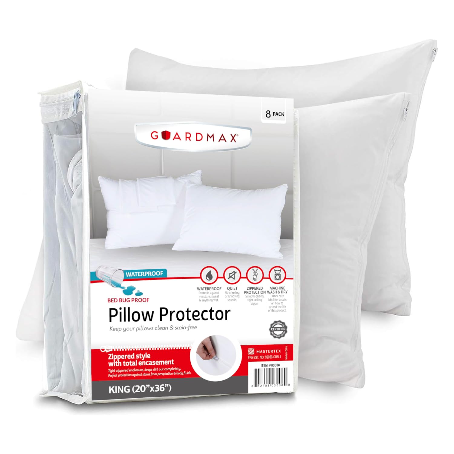 Guardmax Waterproof Pillow Protectors Zippered Encasement Blocks Bed Bugs and Dust Mites (Set of 8) Hypoallergenic Covers Non Noisy (King Size - 8 Pieces)