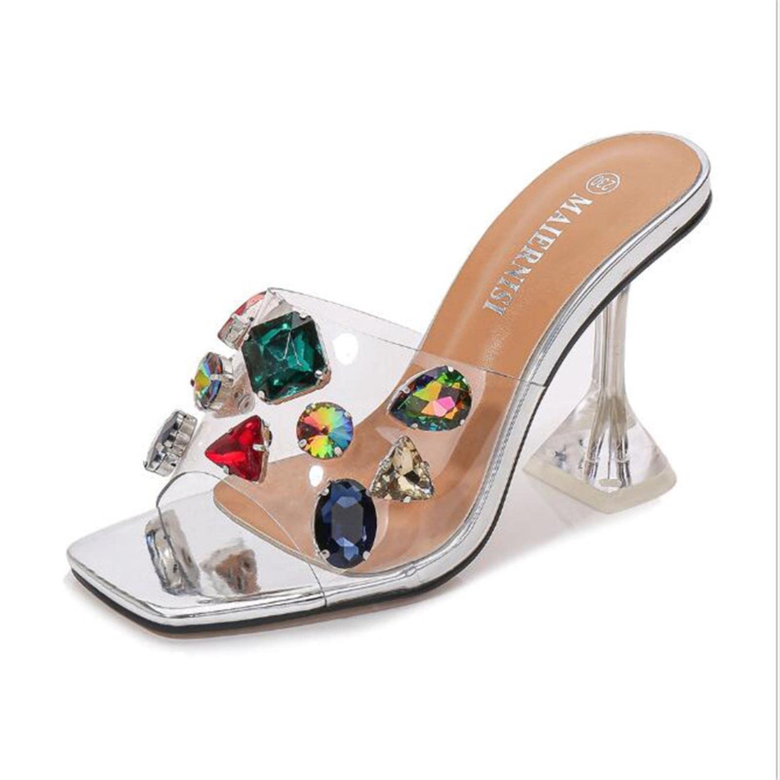 Verano Moda Cristal Diamante Diapositivas Claro Transparente Zapatillas Mujer Zapatos Peep Toe Delgados Tacones Hihg Vestido Bombas