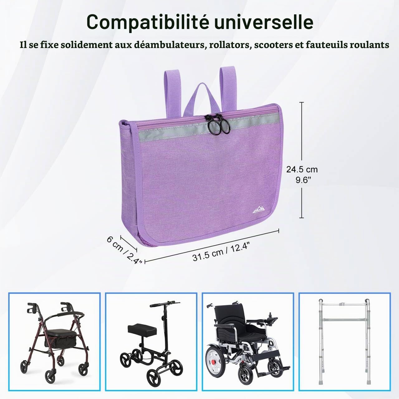 supregear Sac Latéral Fauteuil Roulant, Multifonction Rollator Déambulateurs Fauteuils Roulants Scooters Genoux Accoudoir Personnes Âgées Seniors, Sac Voyage Portable, Violet
