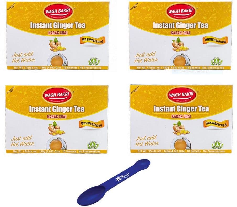 (Pack of 4) Wagh Bakri Instant Ginger Chai Tea Unsweetened - 10 Sachets (140g) (Free Miras 2-in-1 Measuring Spoon Included!)