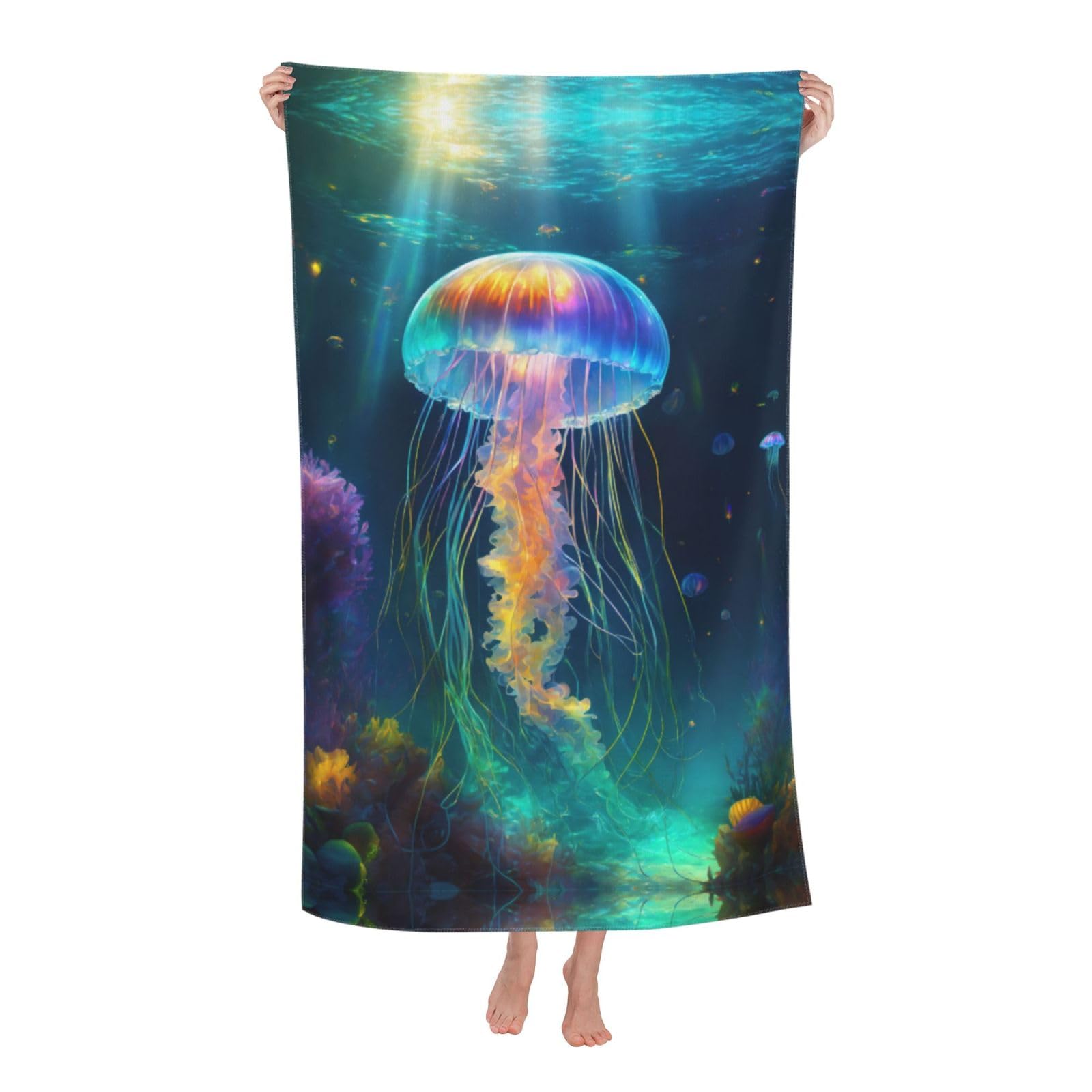 Pojknbv White Jellyfish Ocean Print Oversized Adult Beach Towel Quick-Dry Comfortable Lightweight Travel Pool Camping