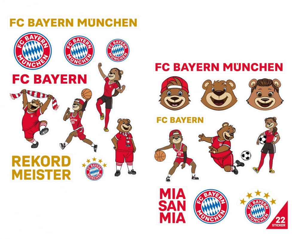 FC Bayern München 2er Set Aufkleberbogen – Mit Maskottchen Berni, Mia & Ben, 22 Sticker, Wetterfest, Je 21 X 14,8 Cm FC Bayern München 2er Set Aufkleberbogen – Mit Maskottchen Berni, Mia & Ben, 22 Sticker, Wetterfest, Je 21 X 14,8 Cm