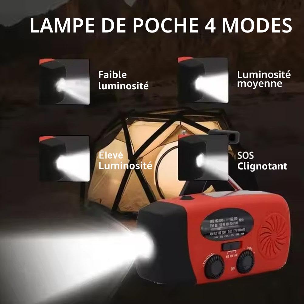Radio d'urgence portable AM/FM avec manivelle solaire, chargeur USB, alarme SOS et lampe LED rouge