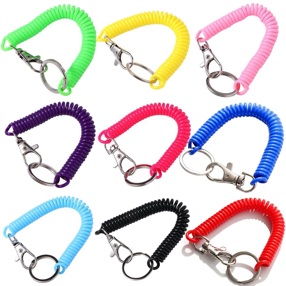 Pokinge9 Pcs Retractable Coil Springs Keychain, 9 Color Coil Cord Spring Keyring with Lobster Clasp, Anti-lost Stretch Spiral Coil Phone Lanyard
