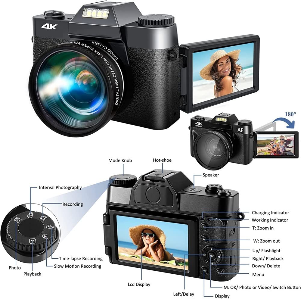 Fotocamera digitale da 48 MP for fotografia 3quot;Flip Screen Selfile Camcorder 4K Stream Macro Lens Streaming Videocamera Regalo per principianti(32G TF Card,With Lens-03)