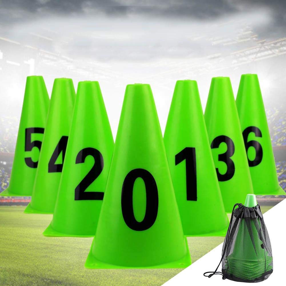 Cono da allenamento per calcio, 10 pezzi 23 cm resistente all'usura a disagio deformare Cono da allenamento per calcio verde Numero 0-9 Barriere da calcio Marcatori a cono per