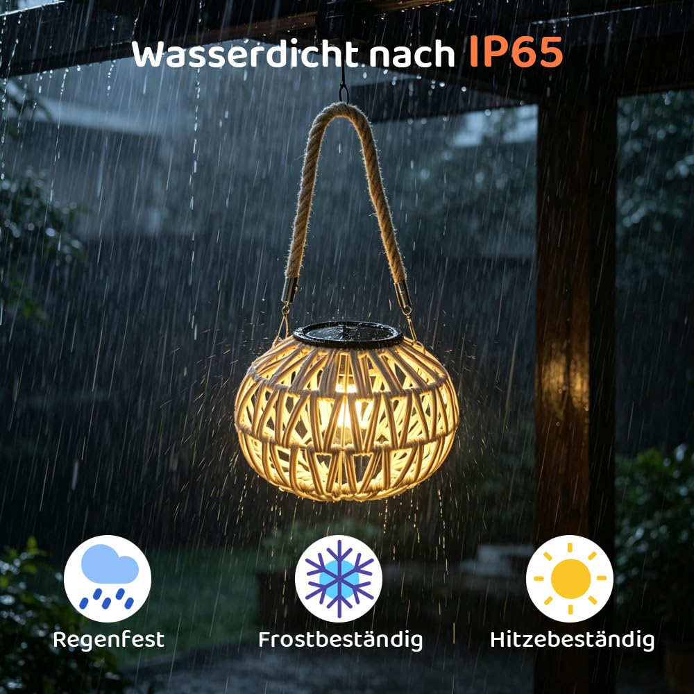 2 lampade solari in rattan, rattan, in rattan, per esterni, da appendere, a energia solare, per esterni, boho, a maglia solare, con IP65, resistente alle intemperie, per giardino, terrazza