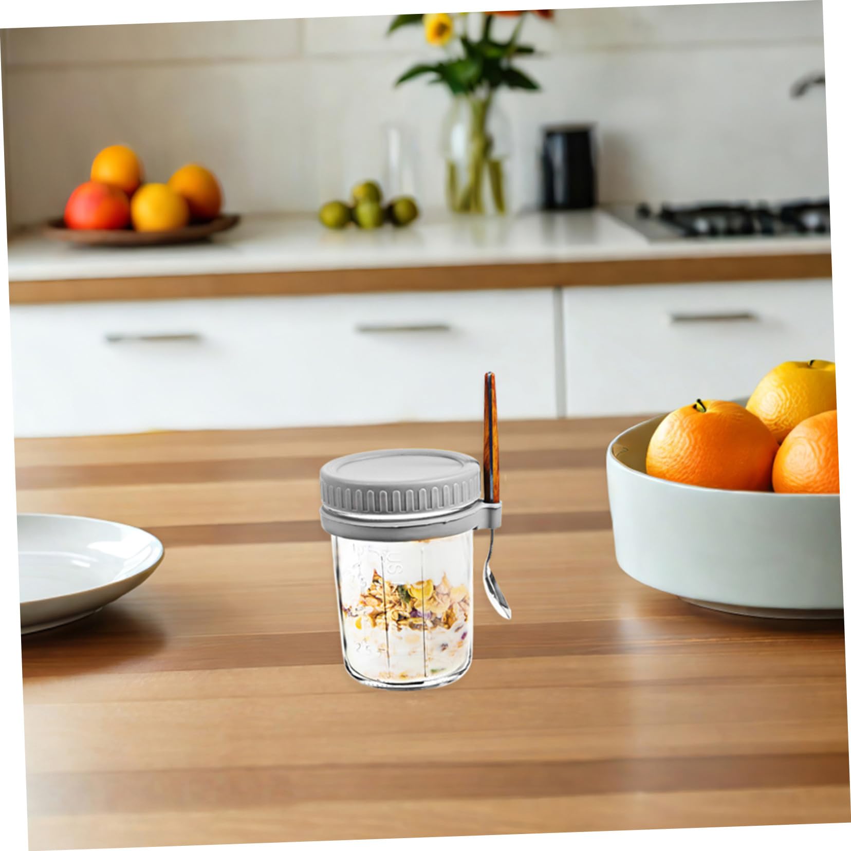 TOYANDONA 4piezas Tazón De Avena Para Desayuno De Recipiente De Vidrio Reutilizable Con Tapa y Cuchara Para Preparar Avena Nocturna o Yogur De Cereales