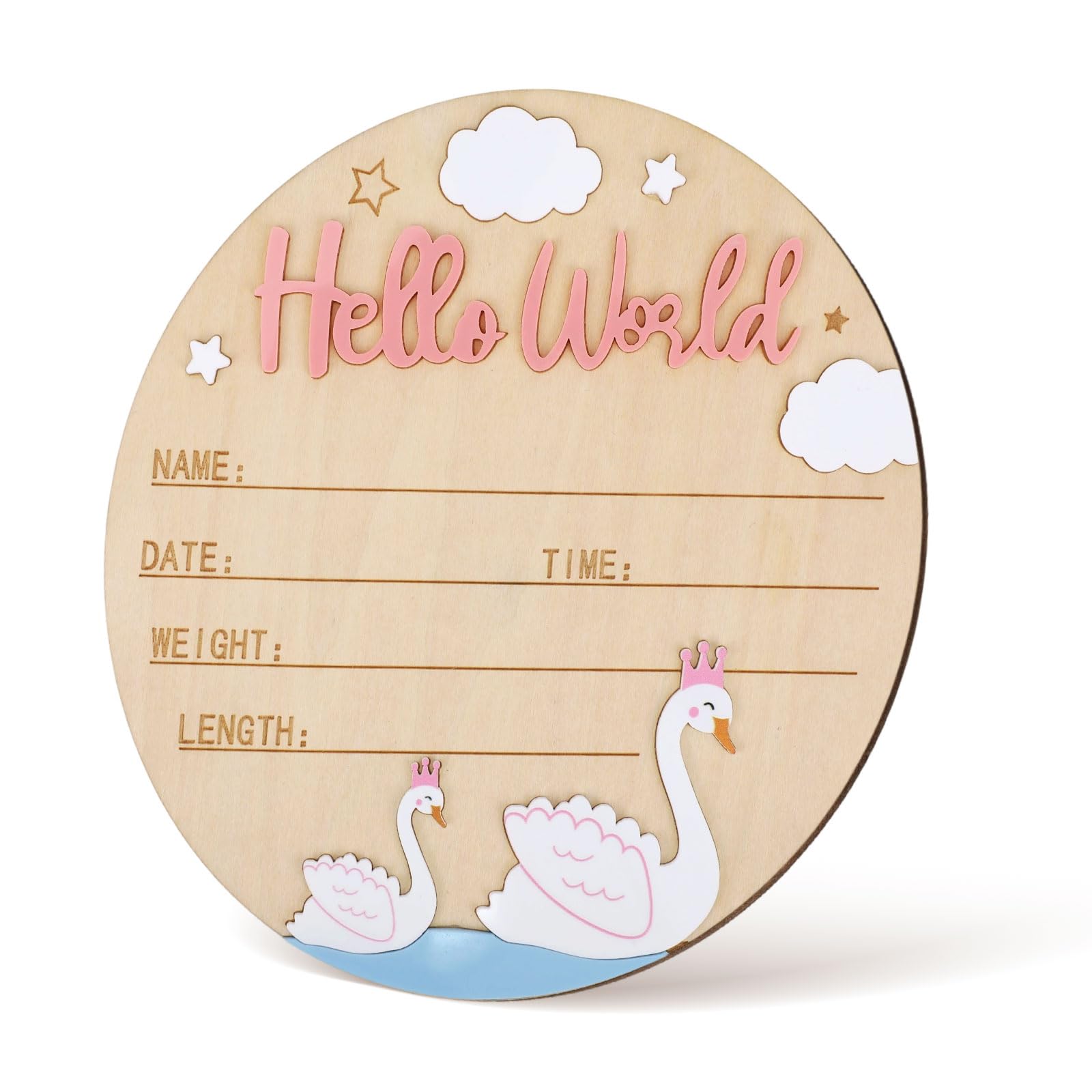 Birth Announcement Sign, 15cm/5.91in Wooden Hello World Newborn Sign Welcome Baby Board Baby Name Plaque for Home Hospital Photo Prop Nursery Decor (Swan Style)