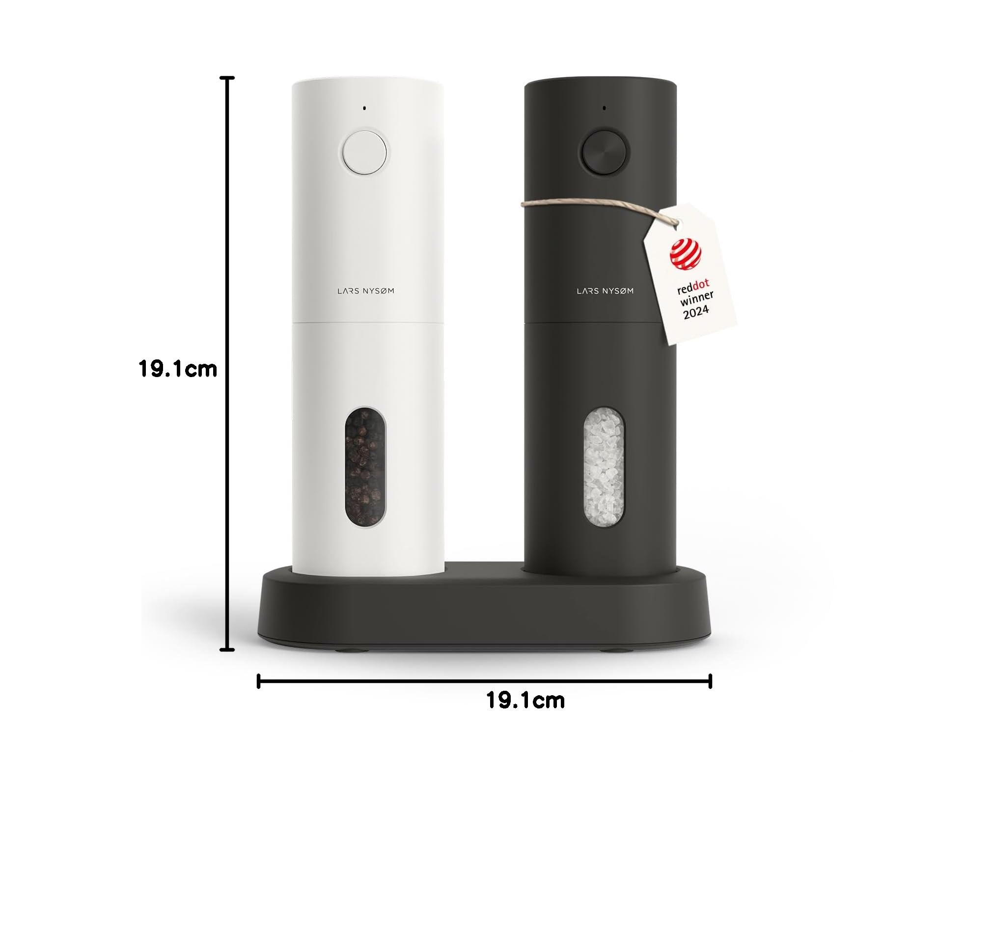LARS NYSØM Salz und Pfeffermühlen Elektrisch Set I Keramikmahlwerk fein bis grob I USB Wiederaufladbar mit Ladestation I Automatische Salz und Pfefferstreuer I Gewürzmühlen Set (Black/White)