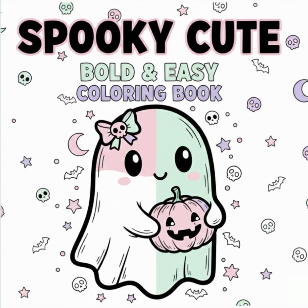 Spooky Cute: Bold and Easy Coloring Book: Kawaii Horror Designs with Thick Lines for Stress Relief - Simple and Adorable Ghosts, Bats, and Magical Creatures