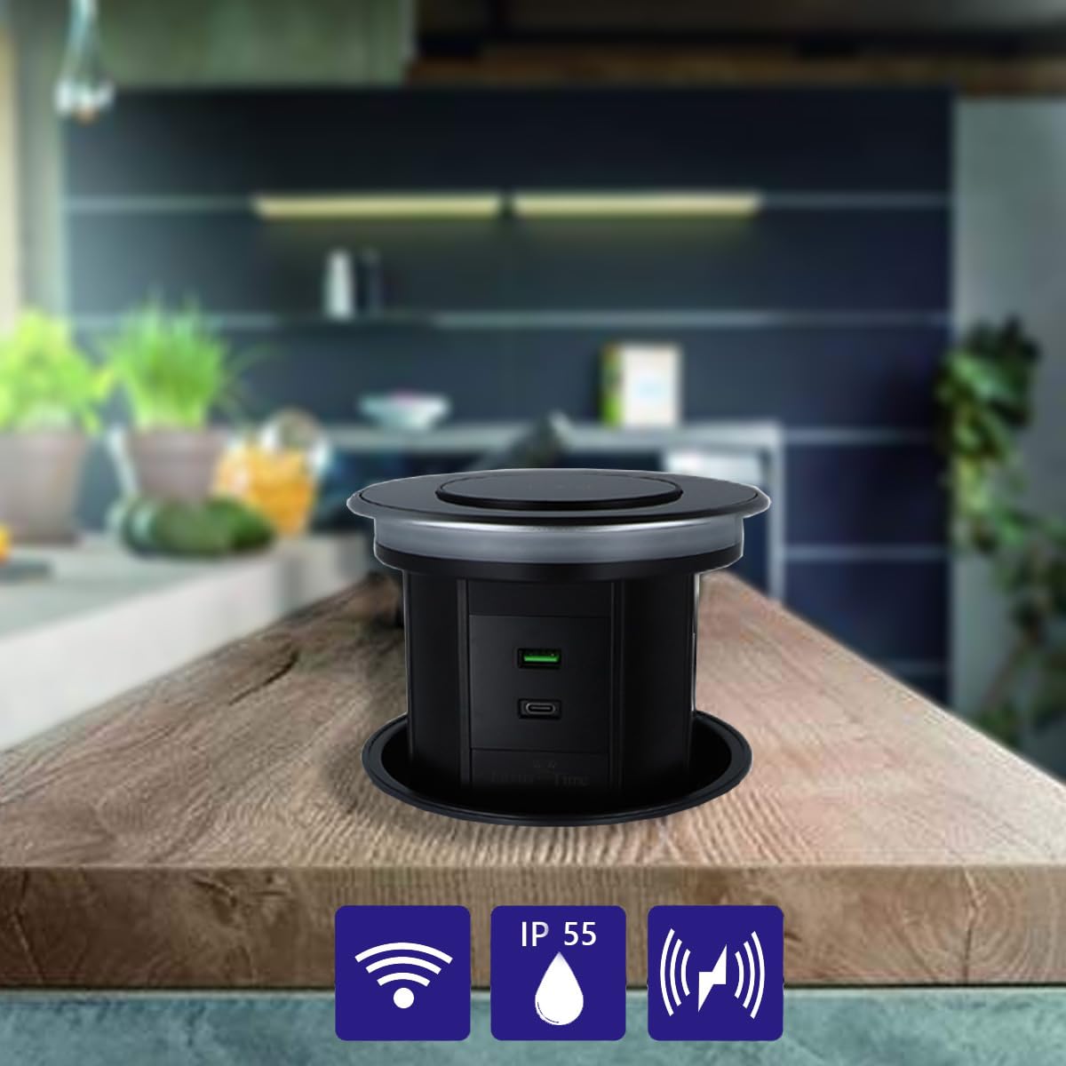 Enchufe de mesa premium con torre de enchufe retráctil, IP55, USB, estación de carga por inducción e iluminación para Smart Home Fahrbar App Control