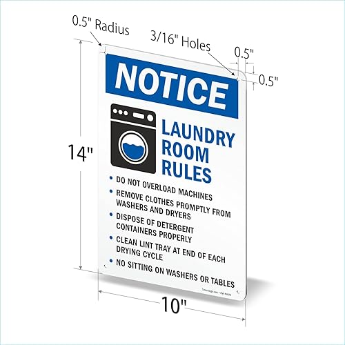 Miniatura 5 de SmartSign Letrero de metal con texto en inglés "Notice - No Overload, Remove Promptly, Dispose Detergent, Clean Lint, No Sitting", 14 x 10 pulgadas,