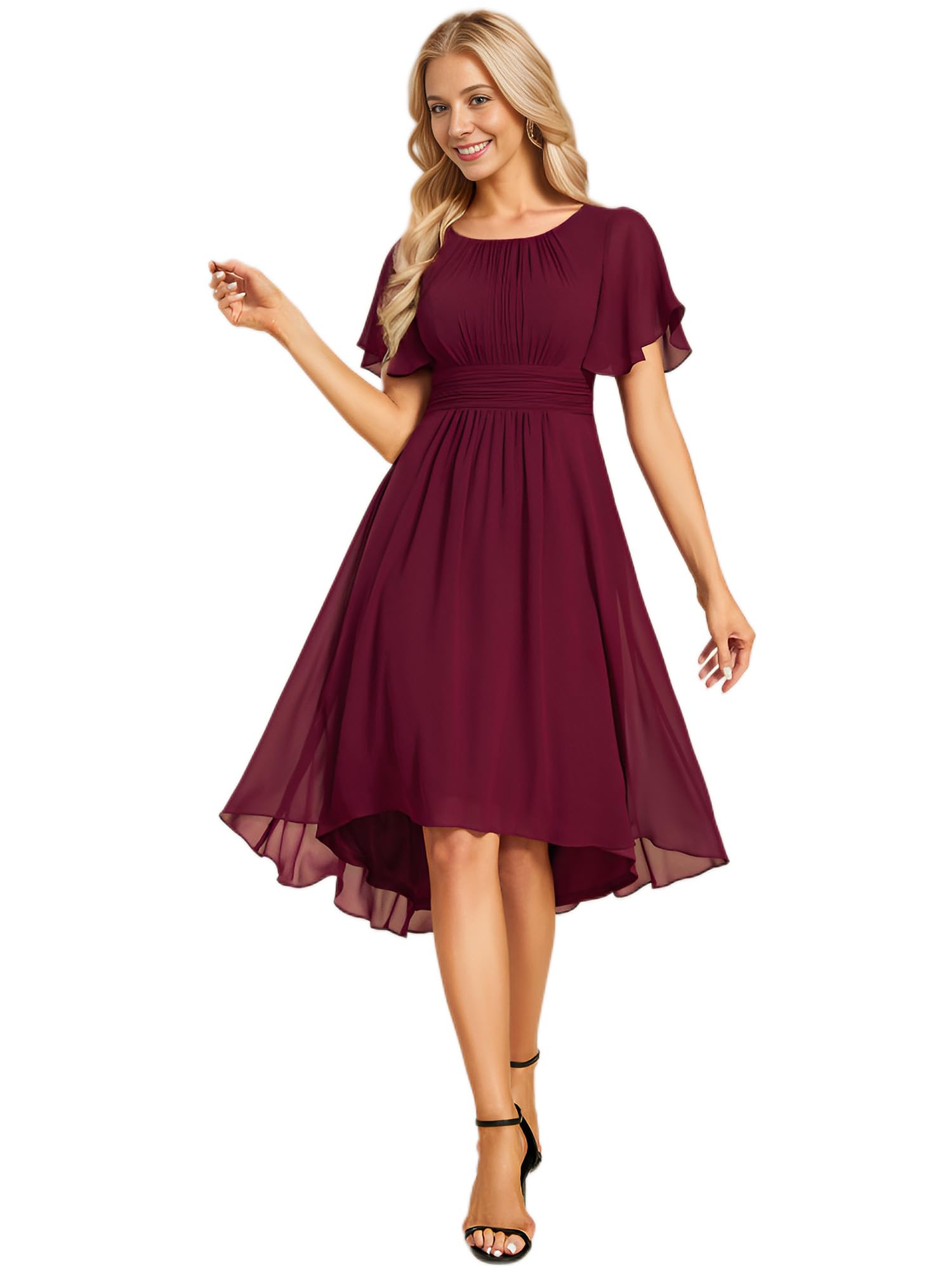 Ever-Pretty Abito Cerimonia Donna Maniche a Volant Chiffon Pieghe al Ginocchio Abito da Sera Elegante EG02053
