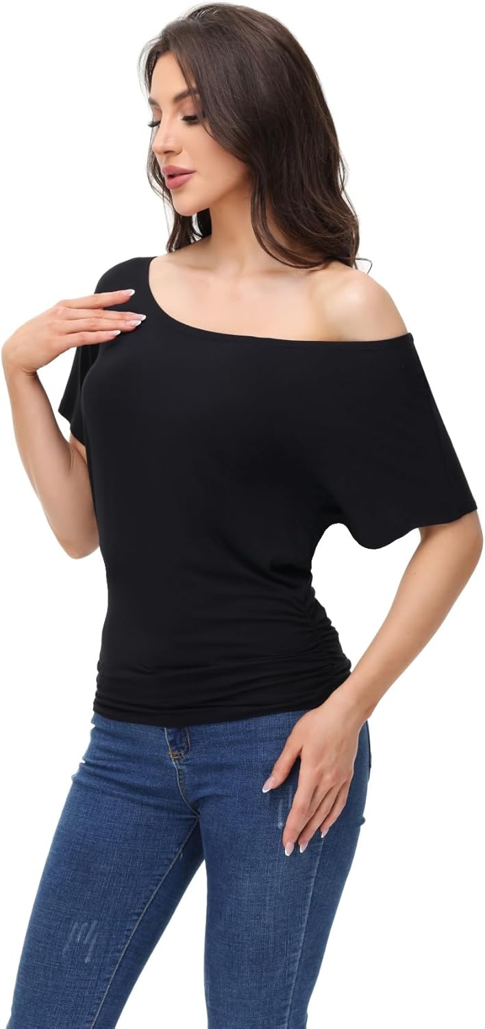 Womens Oversized Ruched Tops Casual T Shirts Dolman Short Sleeve Shirts Boat Neck Summer Off Shoulder Regular Plus Size