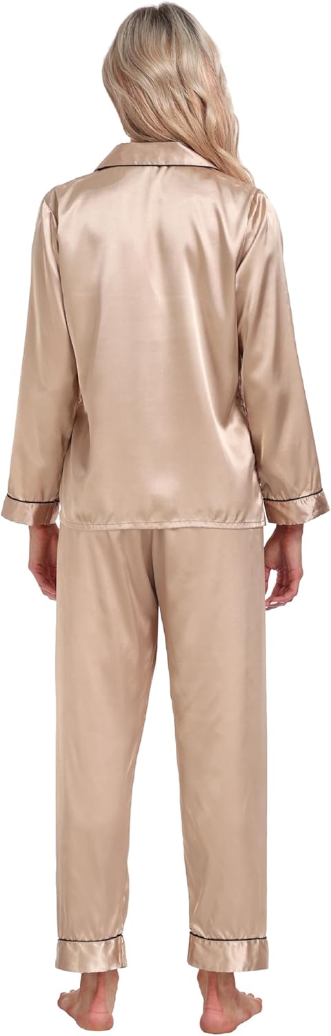 Women's Satin Pajamas Set 2 Piece Pj Set Sleepwear Notch Collar Long Sleeve T-Shirt Button-Down Loungewear with Long Pants - Image 4