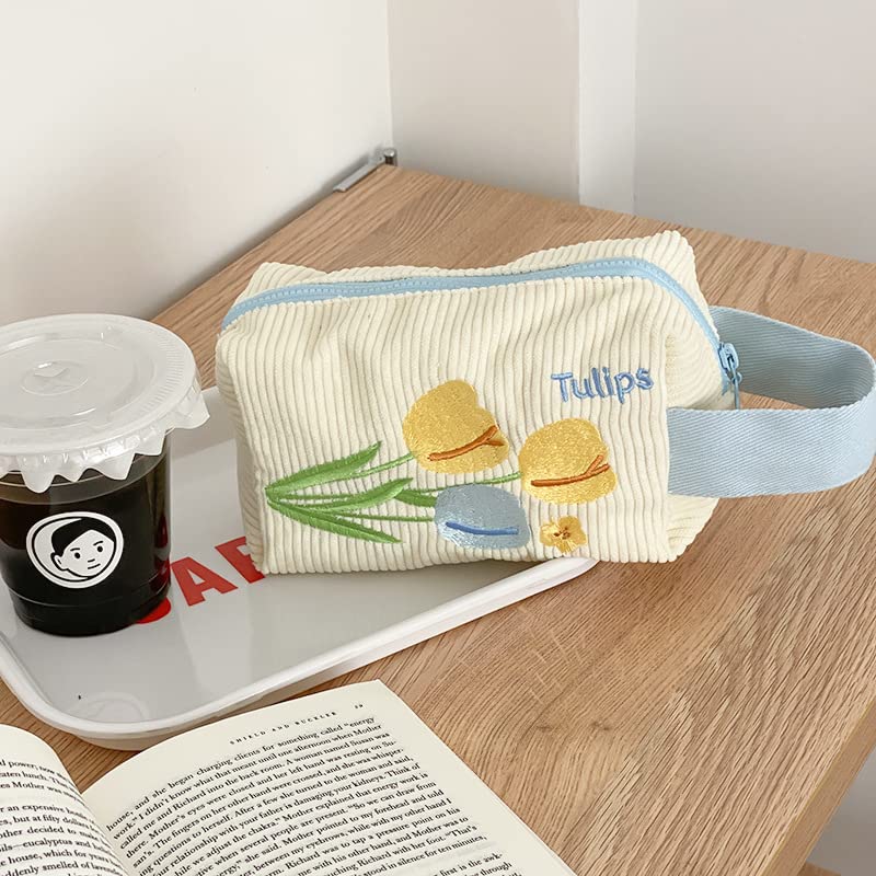 Miniatura 4 de Linda bolsa de maquillaje de pana para viaje, organizador de cosméticos, bolsa de aseo estética, tulipanes con portátil, para mujer (Tulip con