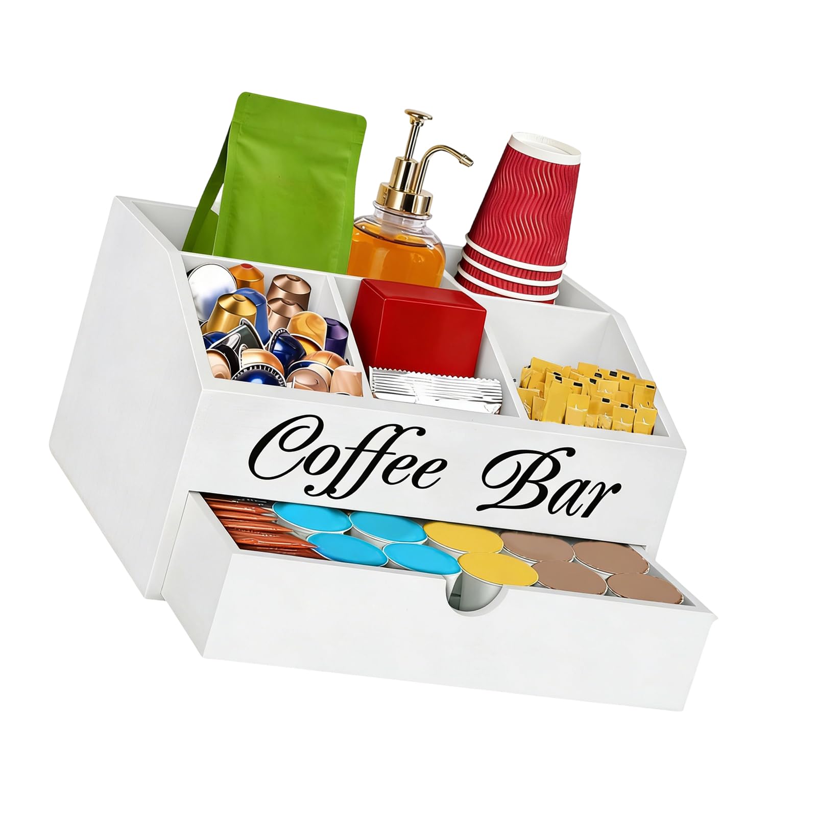 Avejjbaey Sturdy Wood Coffee Dispenser with Slanted Compartments for and Go Convenience Coffee Club Accessories