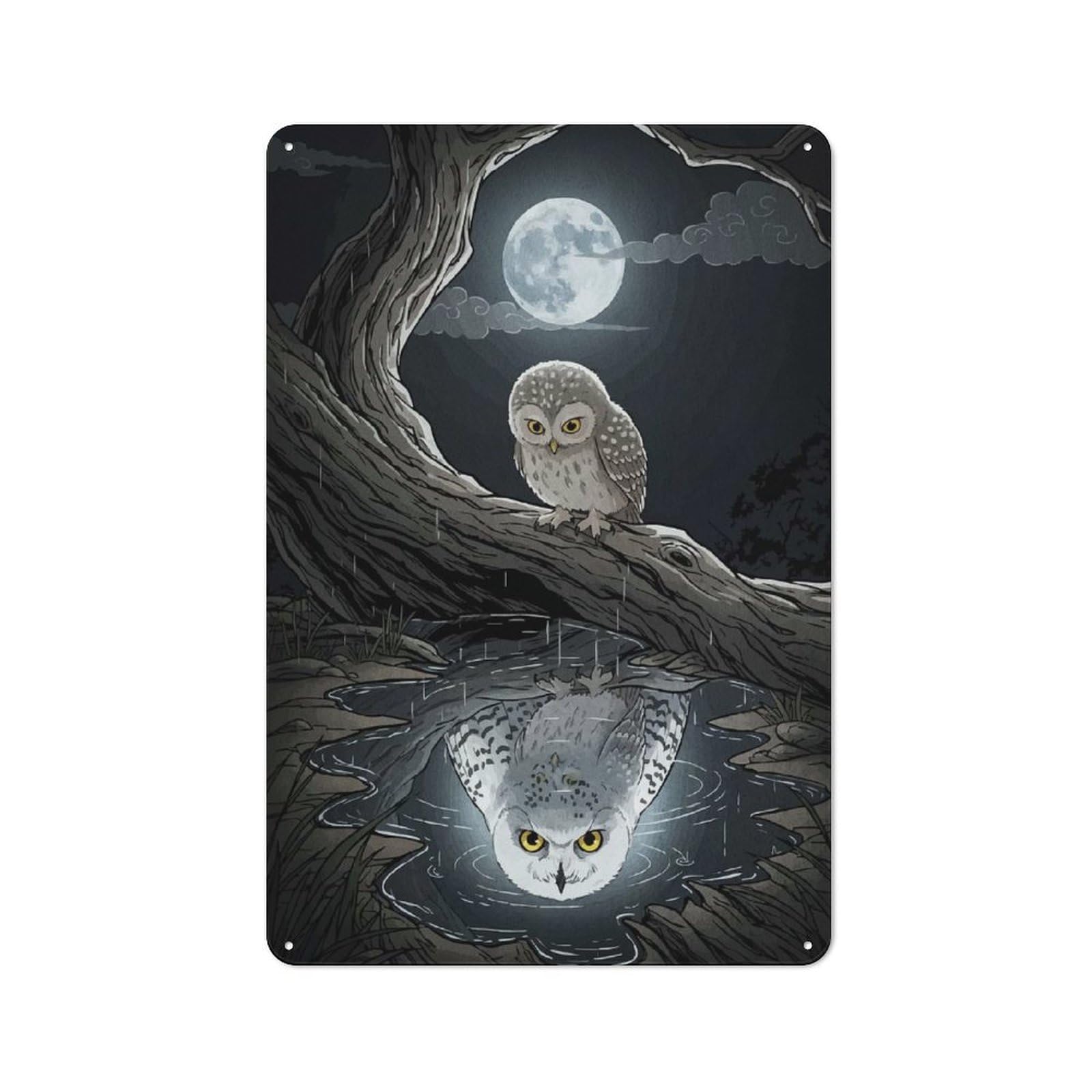 Junmoney Owl Reflection Moonlight Clean Industrial Decorative Metal Plaque 30X20cm, Loft Wall Plaque For Modern Home, Workshop, Office Or Cafe