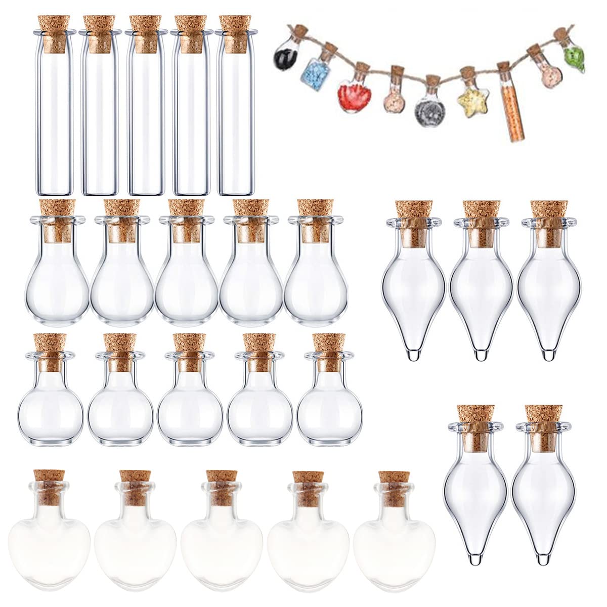 SKYPRO 25Pcs Mini Glass Bottles with Cork Lids, 5 Geometric Shapes Tiny Glass Jars, Wishing Bottles, Small DIY Decorative Craft Vials for DIY Crafts Party Weddings Decoration Storage Accessories